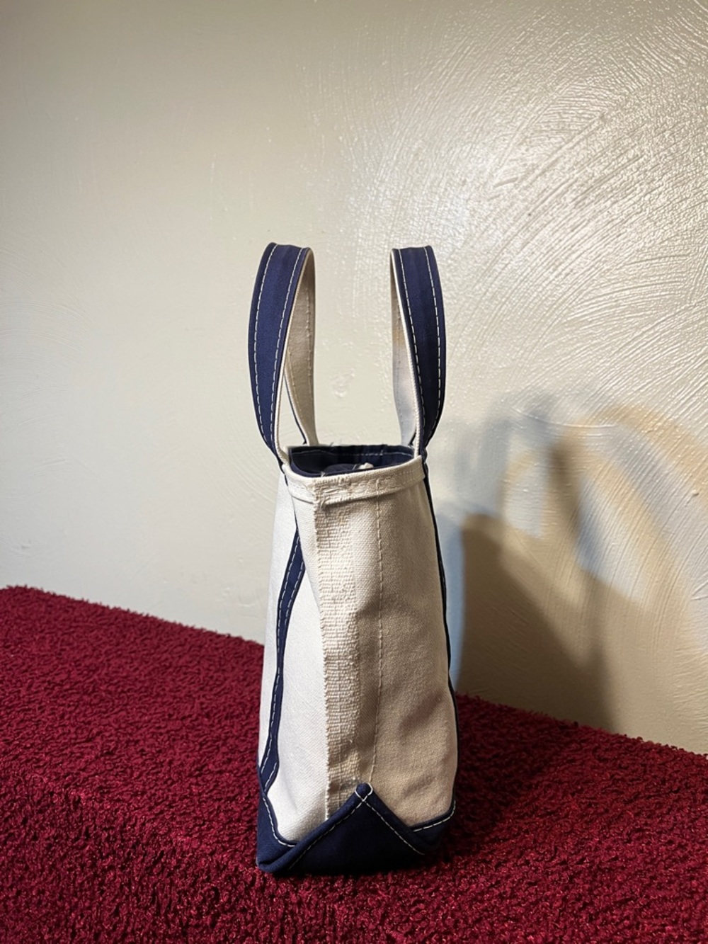 Vintage 90s LL Bean Made In USA Boat and Tote Small Tote Bag Purse Navy Cream - Picture 2 of 16